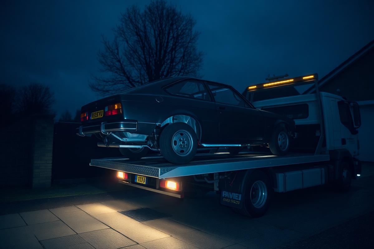 Non-running project car being winched onto a flatbed recovery truck on a driveway