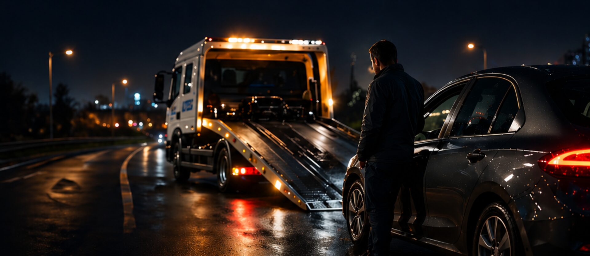 UTEO recovery operator loading a car onto a flatbed truck at night